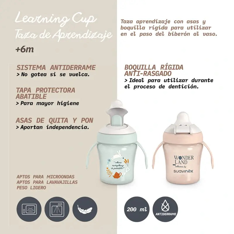 Suavinex Baby Learning Cup Rigid Anti-tear Mouthpiece, 200 Ml, +6 Months, Green Wonderland