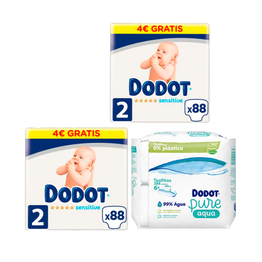 Dodot Sensitive Newborn Box Size 2 Pack of 2, 88 pcs + Pure Aqua Baby Wipes 288 pcs.